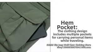 Detail of army green outdoor jacket featuring a large utility pocket for phone storage