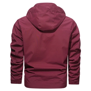 Back view of burgundy men's waterproof hooded windbreaker jacket with elastic cuffs