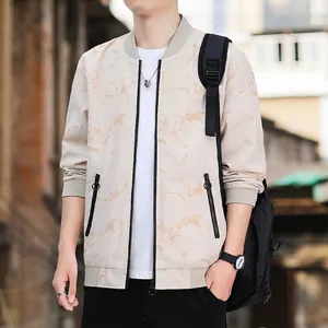 Men's baseball collar jacket in beige with marble pattern and black zipper closure