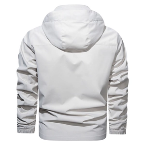 Back view of men's lightweight hooded windbreaker jacket in light grey functional fabric