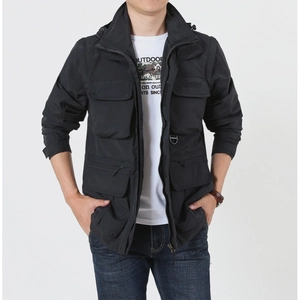 Men's versatile black outdoor jacket with detachable sleeves and four utility pockets