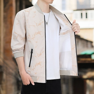 Men's casual bomber jacket with marble print and baseball collar in light beige