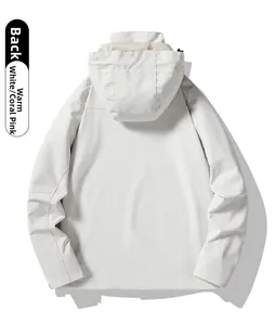 Rear view of warm white hooded outdoor jacket showing smooth texture and flat cuffs