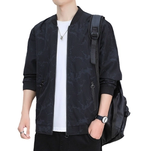 Men's casual black bomber jacket with dark camouflage pattern and ribbed cuffs