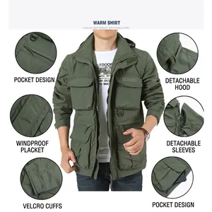 Army green tactical hiking jacket with detachable sleeves and hood in regular fit