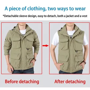 Versatile khaki outdoor jacket with detachable sleeves and multi-pocket design for hiking