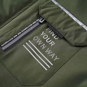 Macro detail of outdoor jacket with FIND YOUR OWN WAY print and high-density twill fabric