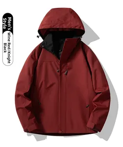 Detail of men's wine red outdoor jacket with windproof fabric and adjustable hood