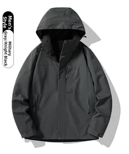 Detail of army grey hooded outdoor jacket with windproof collar and chest pocket