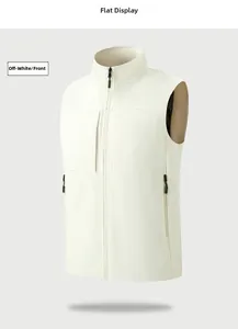 Vista frontale del gilet outdoor bianco crema con collo alto e pratiche tasche con zip