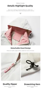 Detail of outdoor jacket with pink mesh lining, detachable hood and adjustable hem drawstring