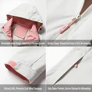 Waterproof outdoor jacket with detachable hood and windproof cuffs in beige and pink
