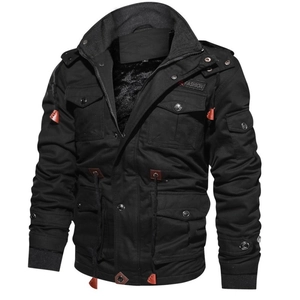Men's black hooded military parka jacket with warm fleece lining and cargo pockets