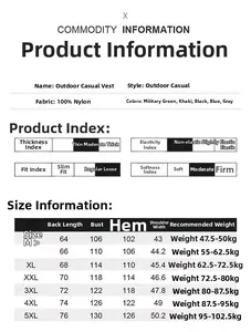 Detailed size chart for outdoor fishing vest with dimensions from M to 5XL in various colors
