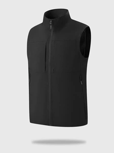 Gilet casual nero da uomo con collo alto, tasche multiple e fodera in rete traspirante