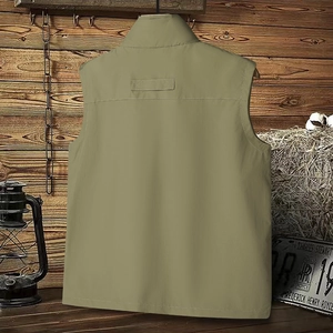 Rear view of khaki tactical outdoor vest featuring durable fabric and industrial design