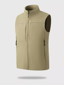 Gilet casual da esterno kaki con colletto in piedi, tasche multiple e fodera a rete traspirante