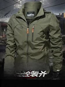 Detailed view of army green outdoor jacket collar with interior size label and logo