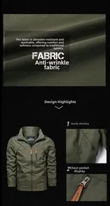 Detail of military green outdoor jacket showing reinforced stitching and zipper pocket
