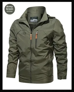 Close-up of military green outdoor jacket with zipper pockets and logo embroidery