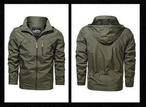 Detail of army green outdoor hooded jacket with zippered pockets and elastic cuffs
