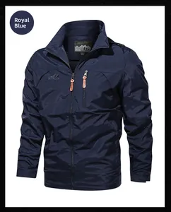 Detail of royal blue men's quick-dry outdoor jacket featuring windproof collar and chest logo