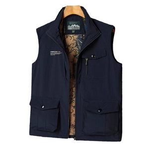 Men's outdoor multi-pocket cargo vest in navy blue with stand collar and zipper closure