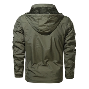 Rear view of a men's army green waterproof outdoor hooded jacket with windproof fabric