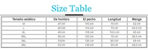 Detailed size chart table for winter hooded jacket showing measurements from M to 4XL
