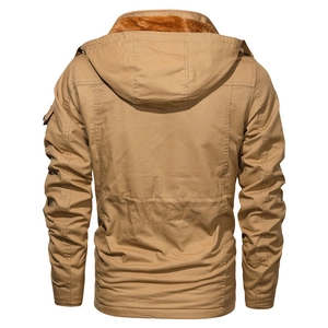 Men's winter hooded parka in khaki cotton with thick warm fleece lining, back view