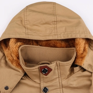 Detail of khaki jacket showing warm faux shearling lining and windproof ribbed collar