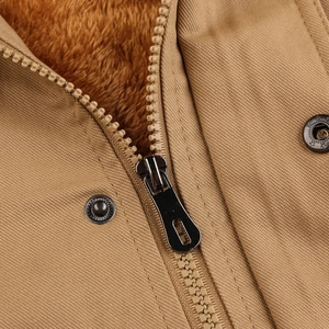 Winter heavy hooded khaki jacket featuring thick fleece lining and durable metal zippers