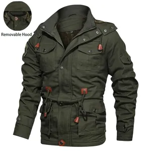 Men's army green padded winter parka with detachable hood and drawstring waist