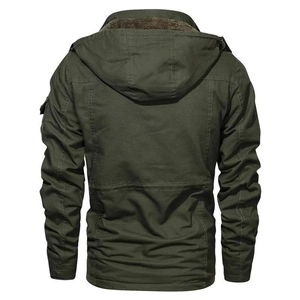 Men's winter heavy fleece lined hooded parka jacket in army green, back view