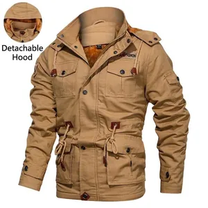 Men's khaki winter parka jacket with thick fleece lining and detachable hood