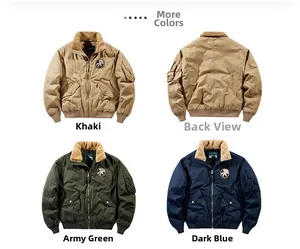 Mens bomber jacket with fleece collar in khaki, army green, and navy blue multi-view