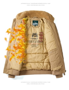 Detail of khaki cargo jacket with fleece collar, quilted lining and interior print