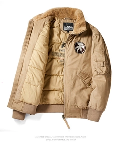 Detail of khaki pilot jacket showing thick fleece collar and quilted warm lining texture