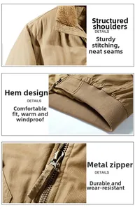 Detail of khaki bomber jacket featuring wool collar, sturdy zipper, and ribbed hemline