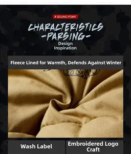Macro detail of brown padded jacket featuring fleece lining and embroidered Legend text