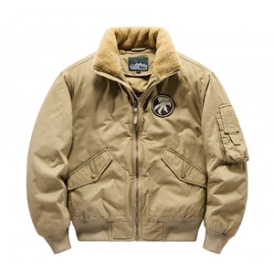 Men's Cotton Flight Bomber Jacket With Lamb Wool Collar Thickened Polyester Padded Workwear Coat Windproof Vintage Winter Outerwear