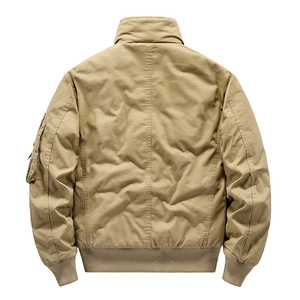 Men's khaki flight bomber jacket with sherpa collar and utility sleeve pocket