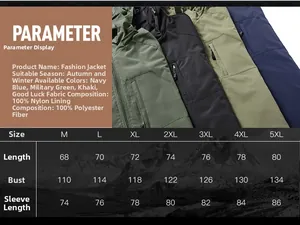 Detailed size chart for men's hooded outdoor jacket with measurements from M up to 5XL