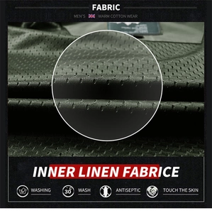 Detailed macro view of dark grey breathable mesh lining fabric on men's casual jacket
