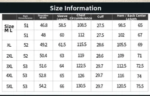 Detailed measurement chart for men's winter padded jacket sizes from M to 5XL