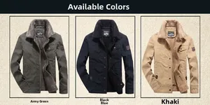 Three-color display of winter padded fleece jackets in green, dark blue, and khaki tones