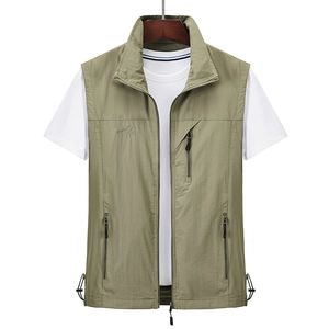 Olive green outdoor multi-pocket quick-dry vest with stand collar and zipper pockets