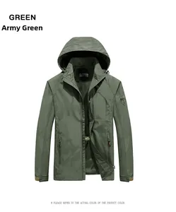 Army green men's hooded jacket detail with outdoor badge and adjustable velcro cuffs