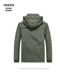 Rear view of an army green hooded windbreaker jacket with elastic cuffs and windproof fabric