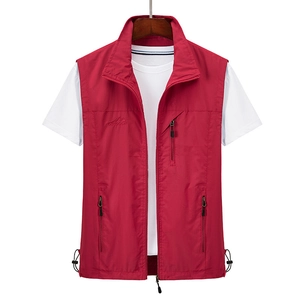 Outdoor red quick-dry fishing vest with multiple zipper pockets and embroidered logo